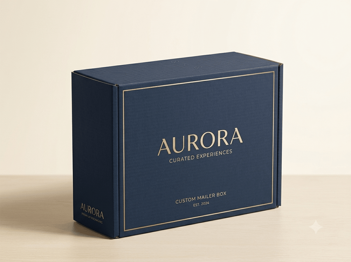 Custom navy blue corrugated mailer box with gold foil logo, border printing and embossed details for premium gift, subscription and e-commerce packaging