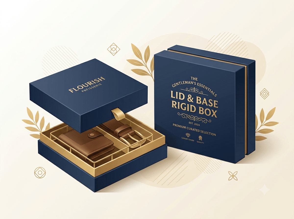 Custom navy blue lid and base rigid gift box with gold foil printing and fitted compartments for wallets, belts, watches and premium men's accessories packaging.
