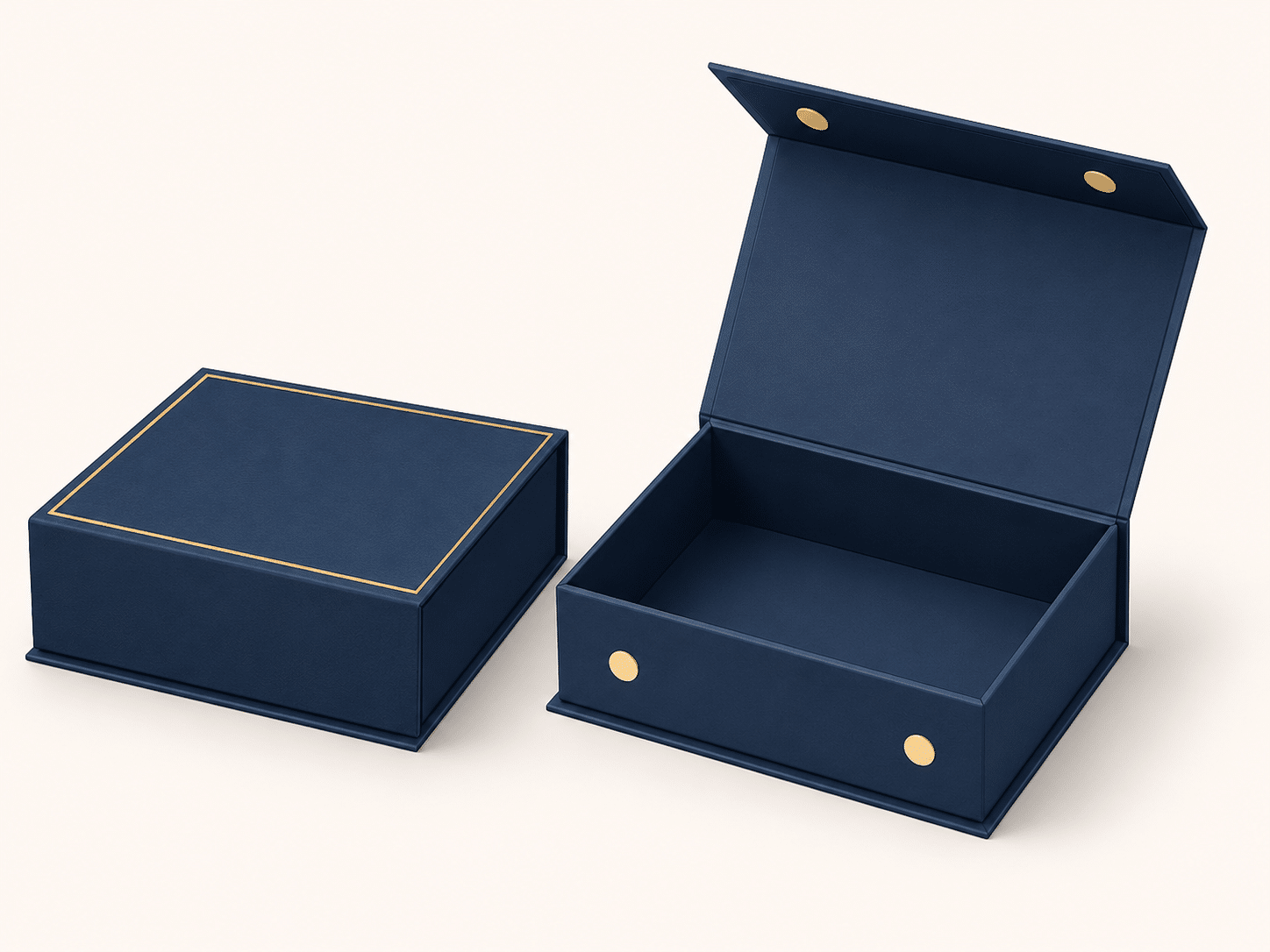 Custom navy blue book-style rigid gift box with hidden magnetic closure and gold foil border, designed for luxury cosmetics, jewelry and premium product packaging.