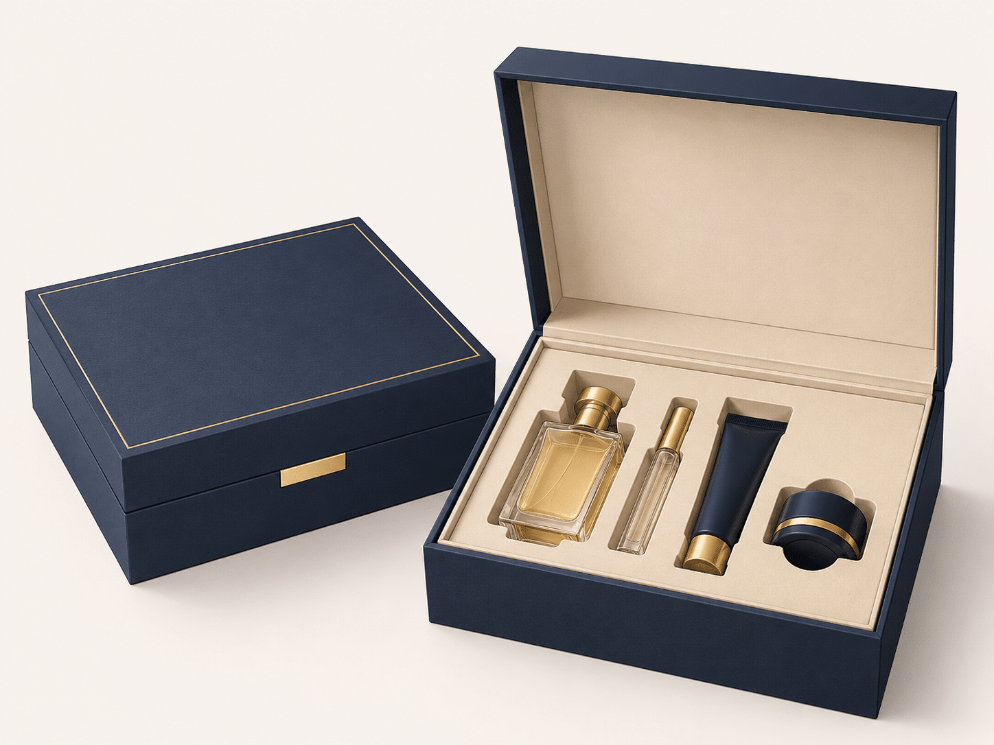 Custom navy blue hinged rigid cosmetic gift box with gold trim and a precision-fitted beige insert for perfume, skincare bottles, cream jars and beauty gift sets.