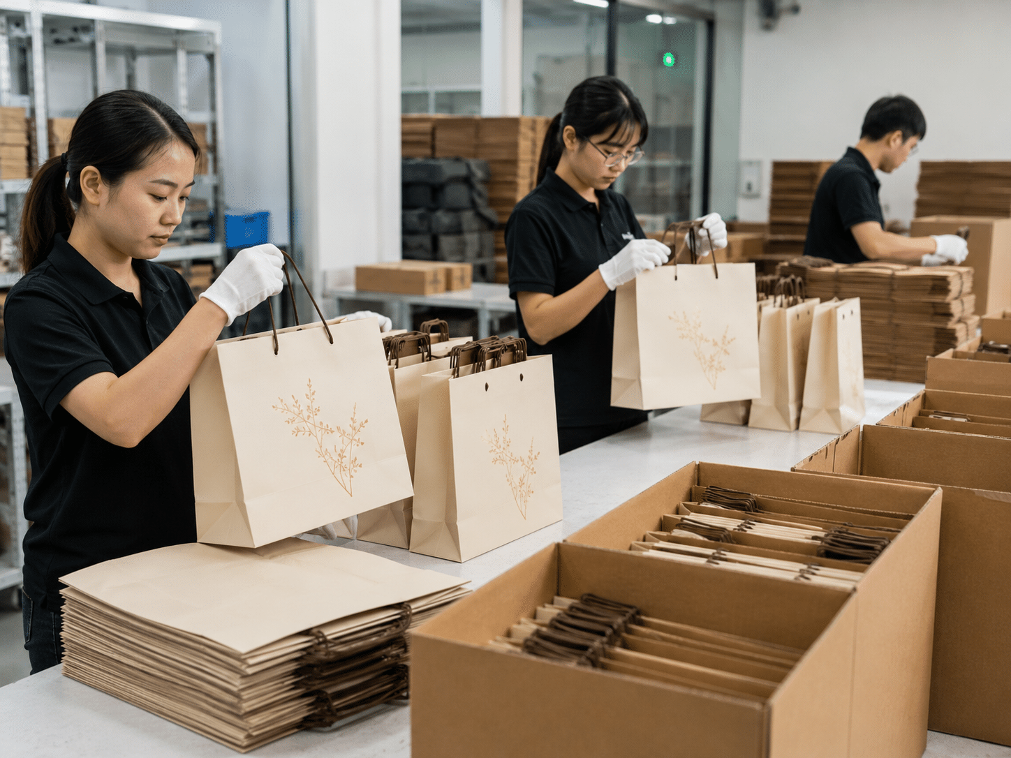 Workers assembling and inspecting custom printed paper bags with handles in a professional packaging factory