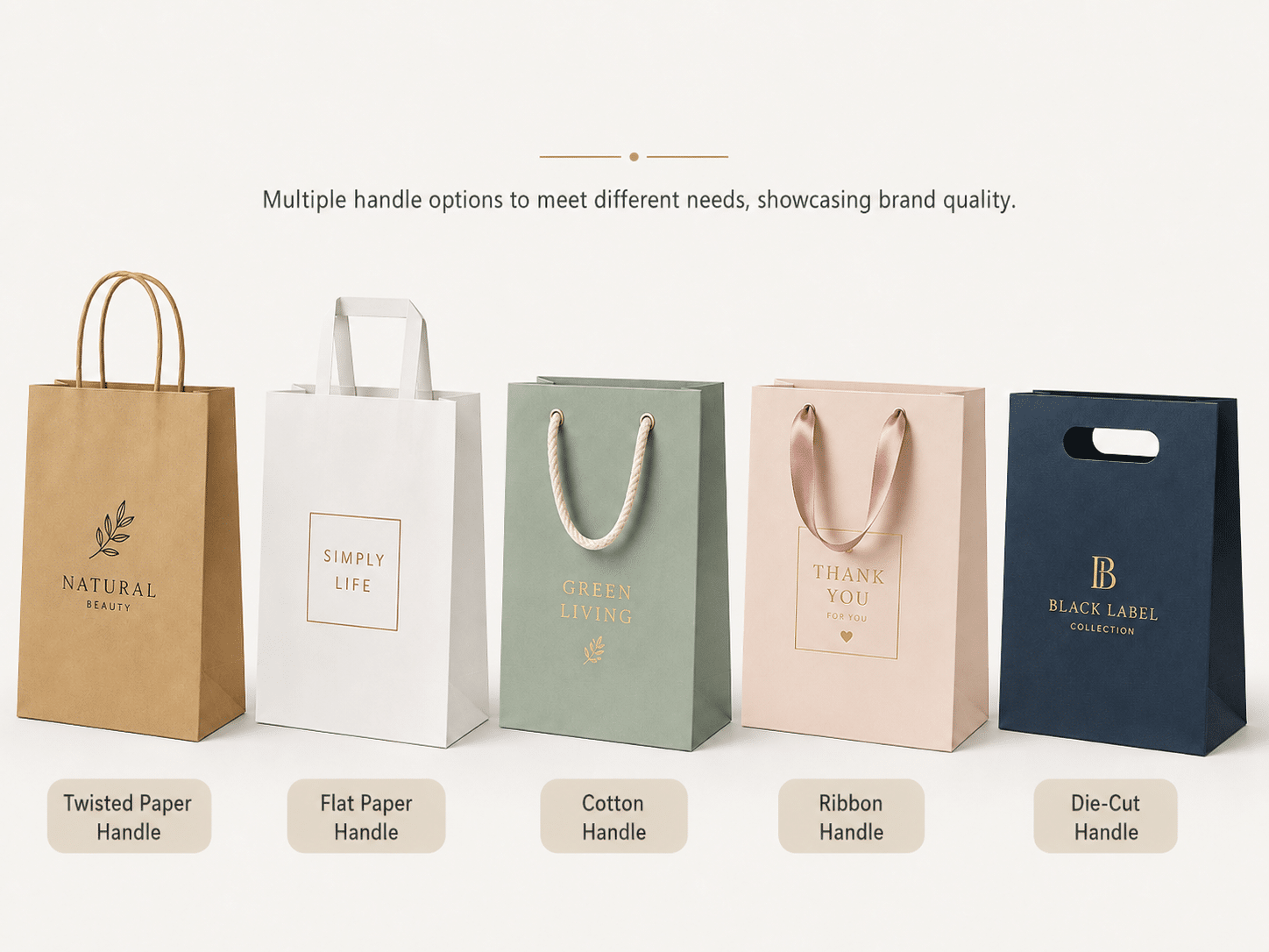 Custom paper bags with twisted paper, flat paper, cotton rope, ribbon and die-cut handle options for different packaging needs