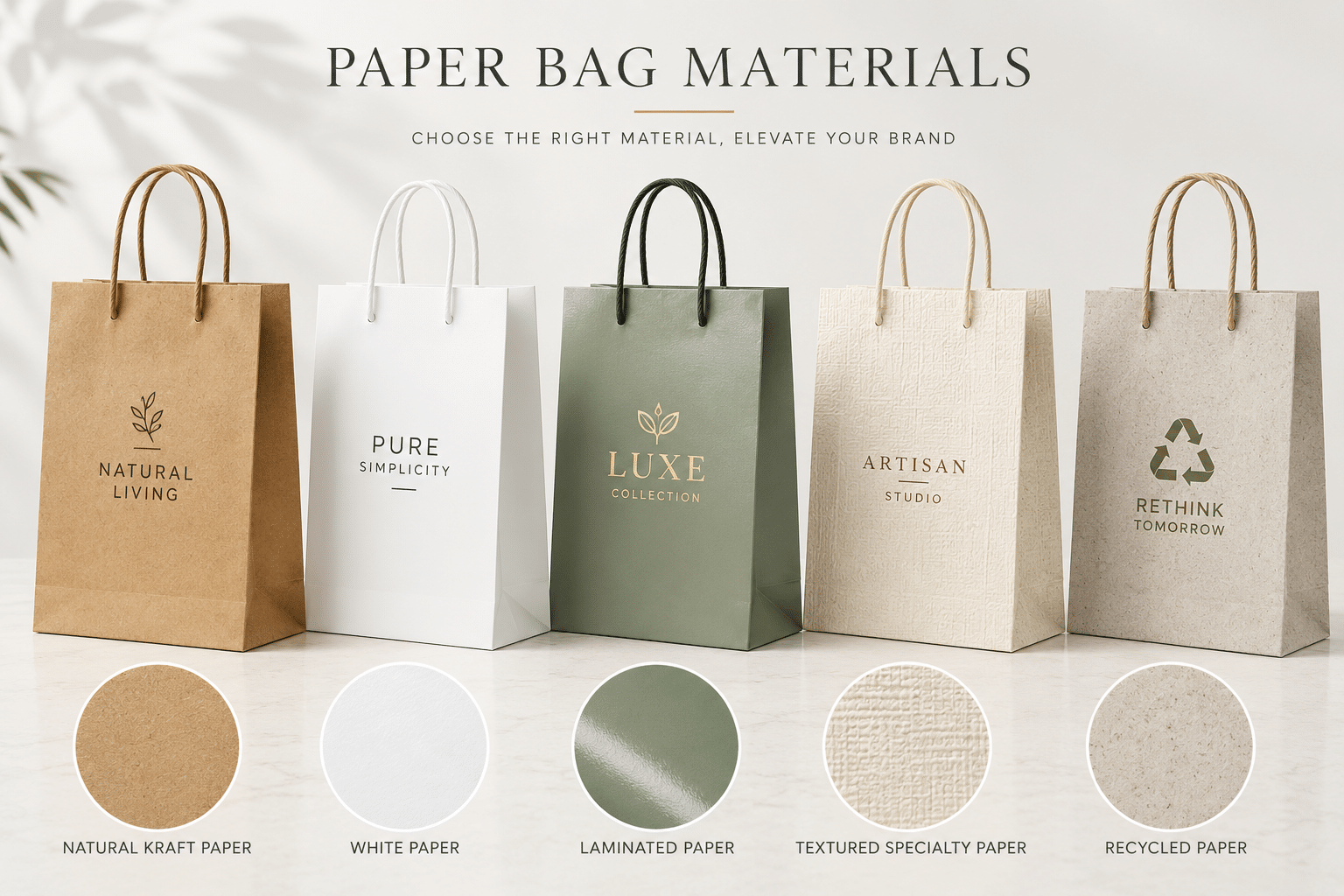 Custom paper bags made from natural kraft paper, white paper, laminated paper, textured specialty paper and recycled paper