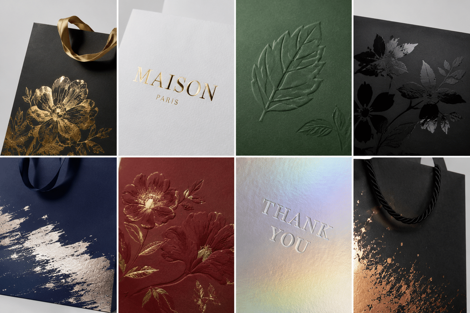 Custom paper bag finishes featuring gold foil stamping, embossing, debossing, spot UV, metallic printing and holographic effects