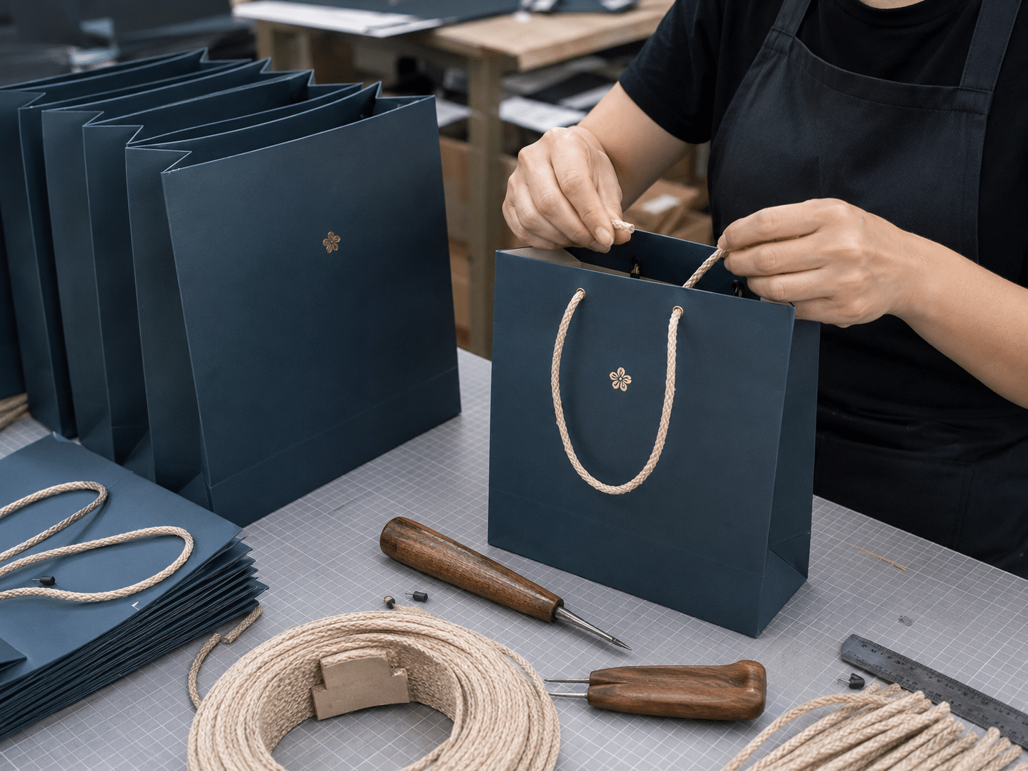 Worker manually installing cotton rope handles on custom navy paper shopping bags during factory assembly