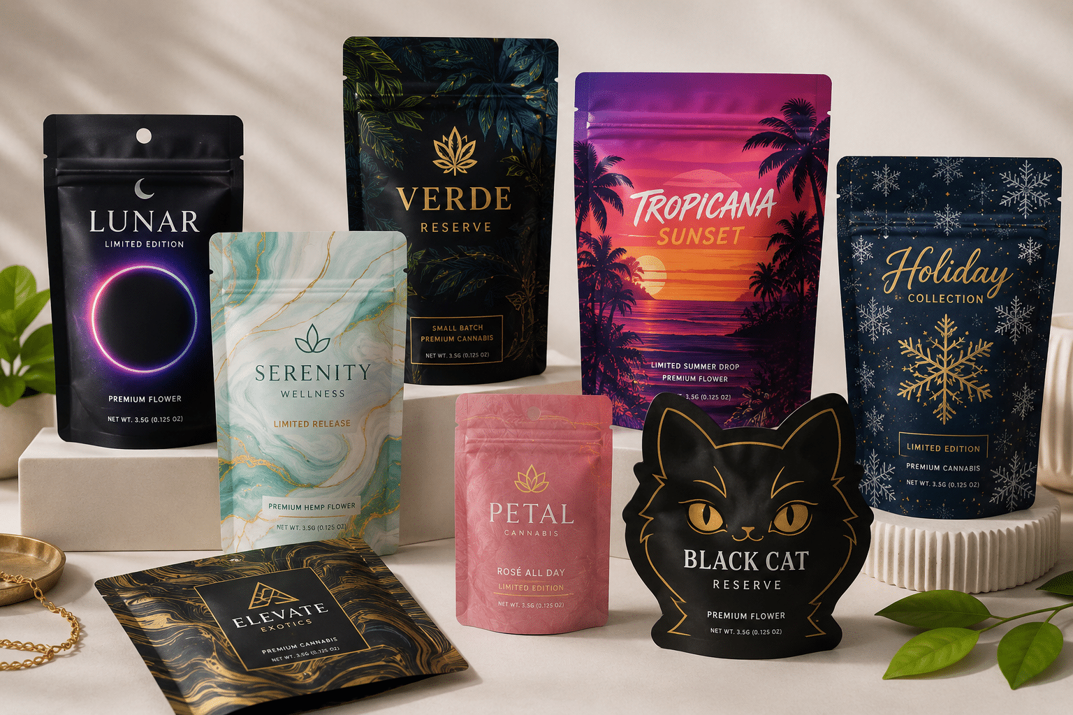 Custom printed cannabis and hemp Mylar bags in premium colors, seasonal designs and unique packaging shapes