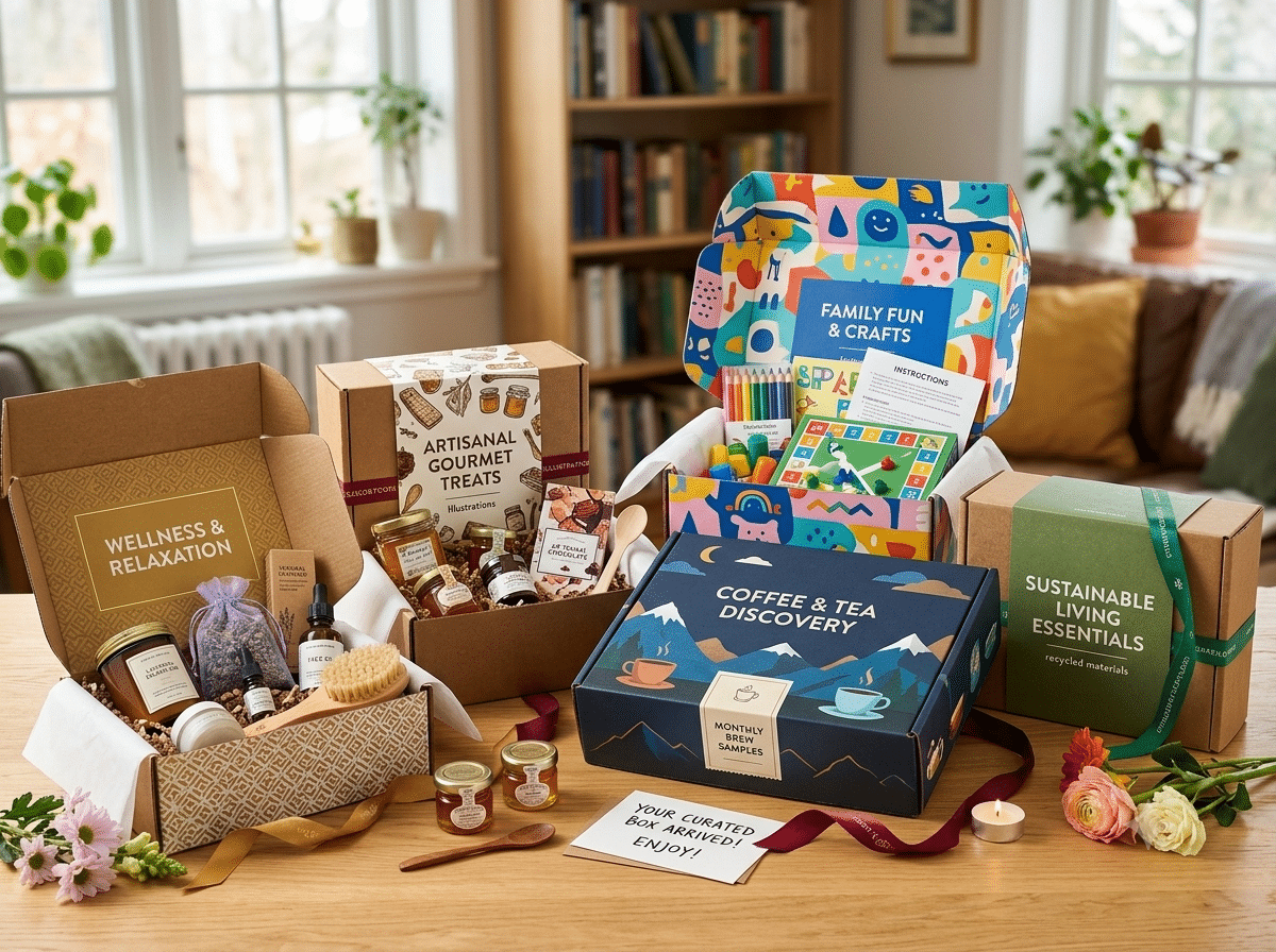 Custom printed corrugated subscription boxes for wellness products, gourmet food, family activity kits, coffee and tea samples, and sustainable lifestyle gifts