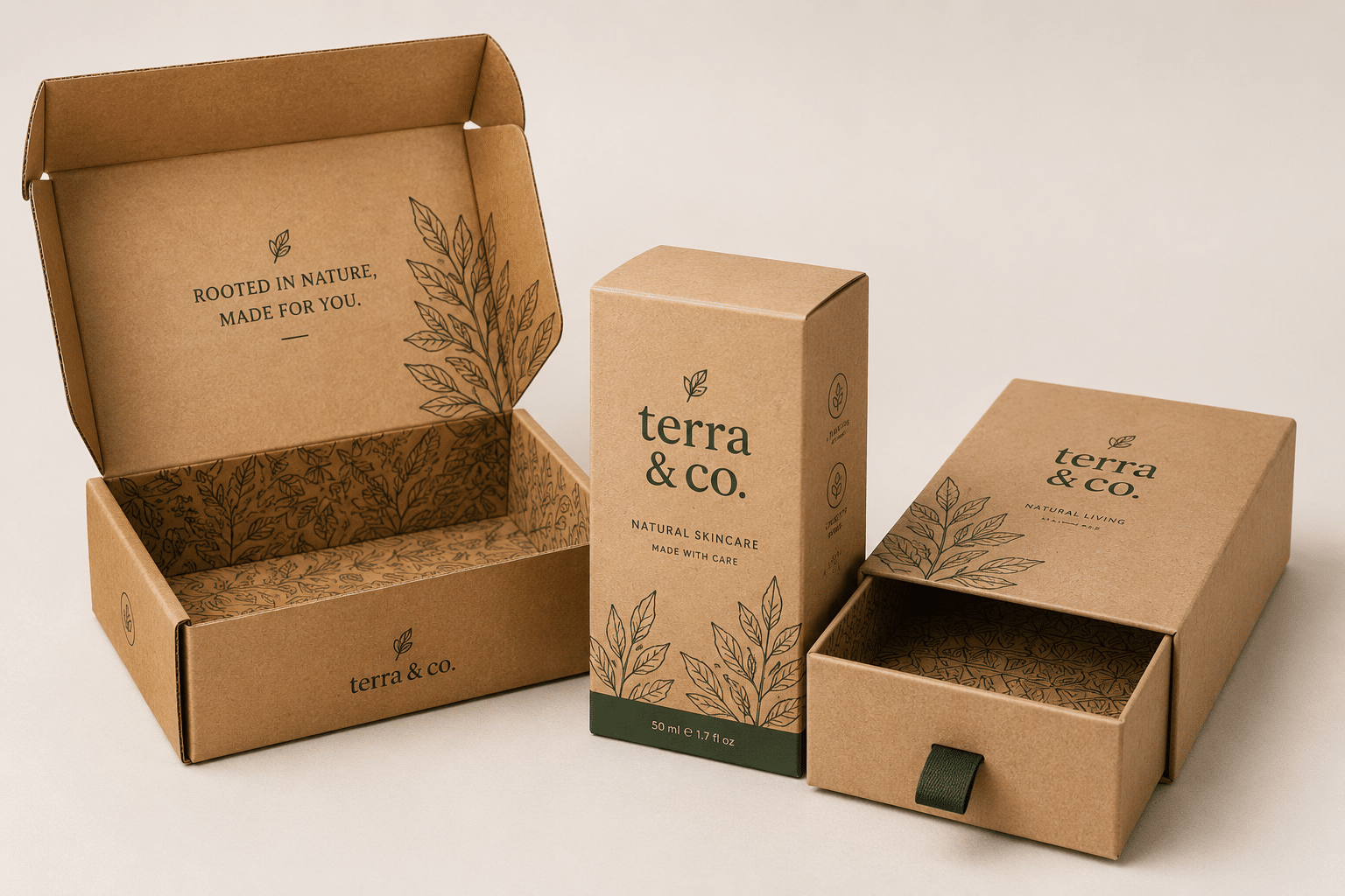 Custom printed kraft mailer box, skincare folding carton and drawer box with botanical artwork for sustainable cosmetic packaging