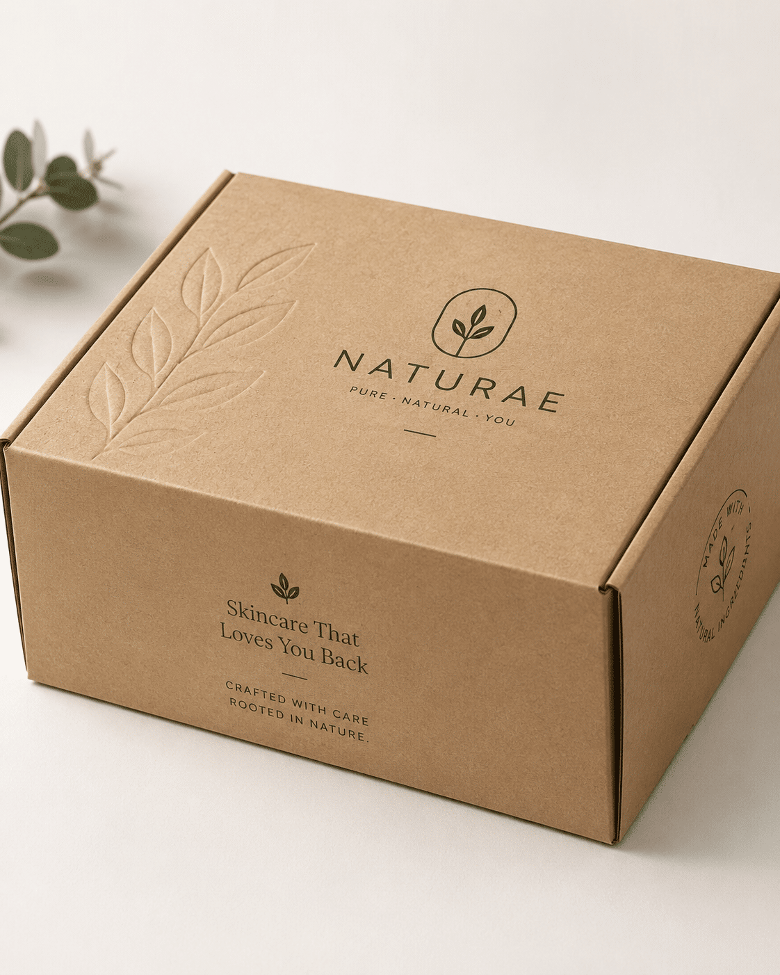 Custom printed kraft mailer box with embossed botanical design and green logo for natural skincare, cosmetics and e-commerce packaging