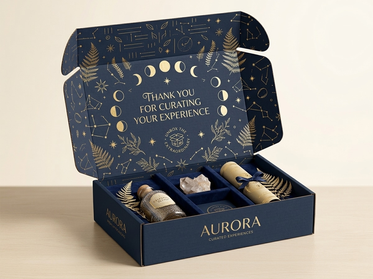 Open navy blue custom corrugated mailer box with gold foil celestial printing, branded interior message and divided inserts for luxury gift and subscription packaging