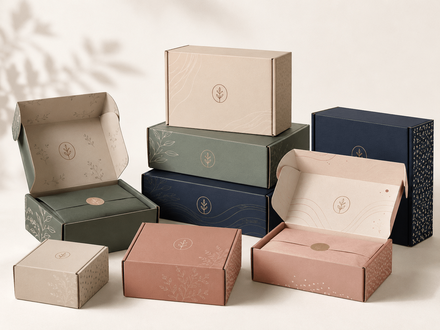 Custom corrugated mailer boxes in green, navy, beige and pink with botanical printing, branded interiors and tissue paper for e-commerce, subscription and gift packaging