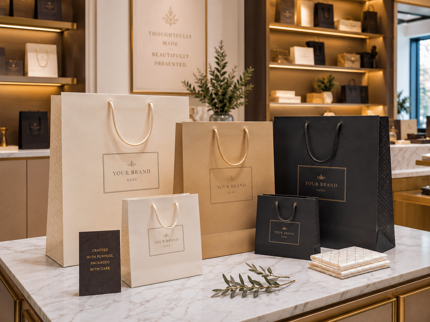 Custom printed paper shopping bags in cream, kraft and black with rope handles and branded logo printing for retail packaging