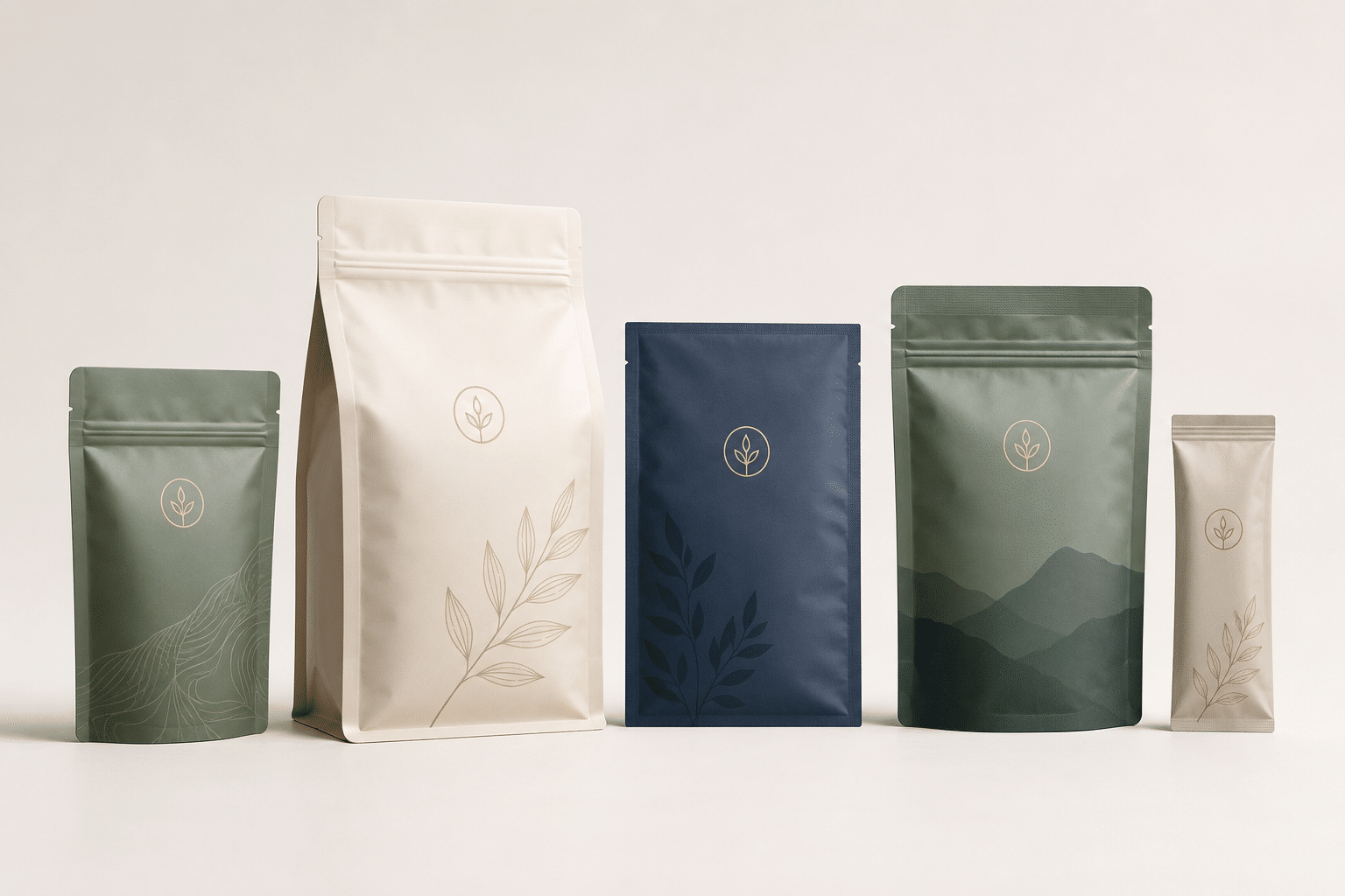 Custom printed stand-up Mylar pouches in multiple sizes with matte botanical designs and resealable zipper closures