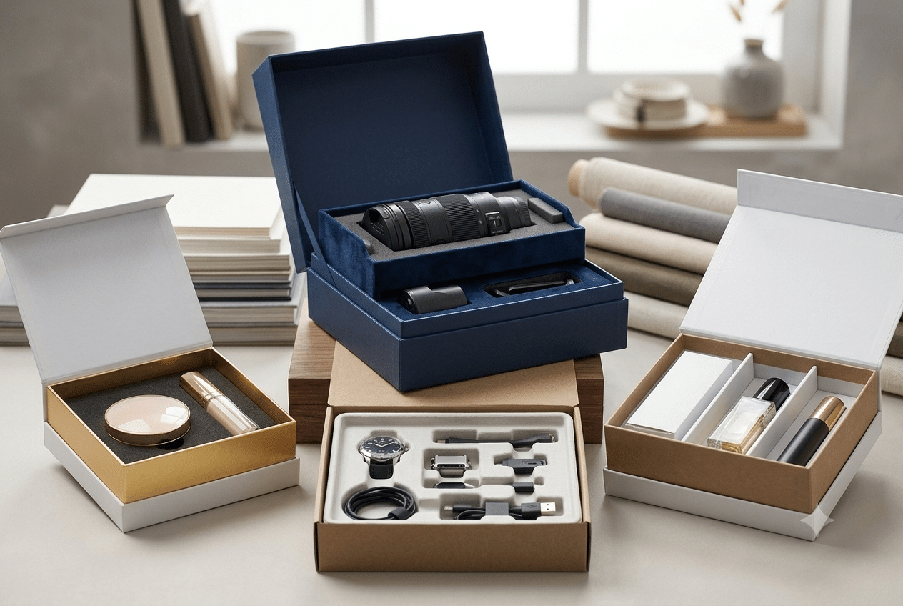 Custom rigid packaging boxes with precision-cut foam, velvet and paper inserts for camera lenses, electronics, cosmetics, perfume and premium product gift sets.