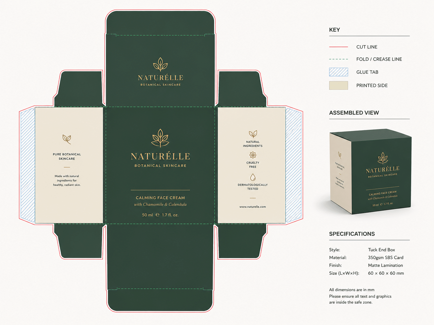 Custom green tuck end cardboard box dieline with cut lines, crease lines, glue tabs and assembled view for botanical skincare cream packaging