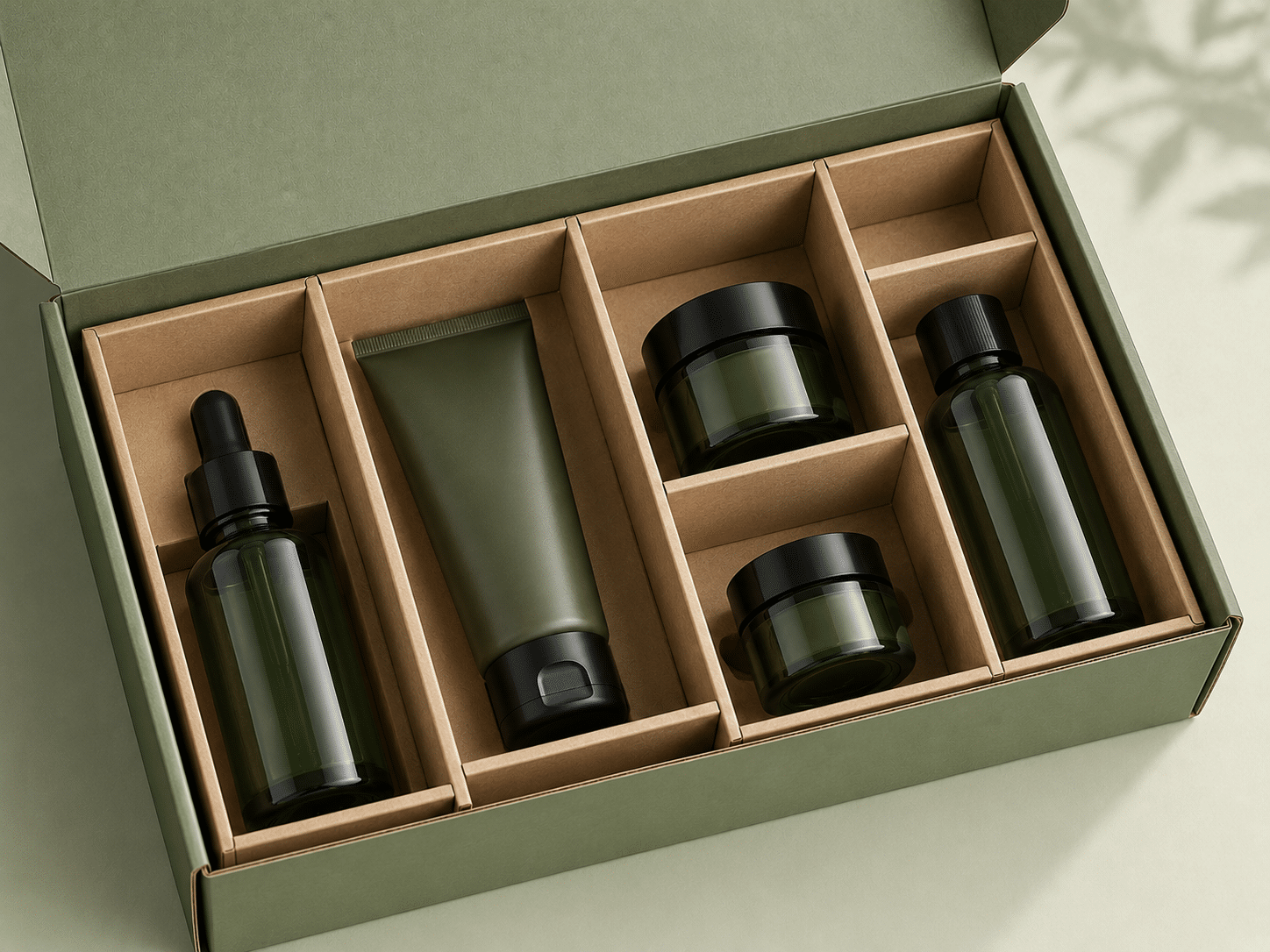 Custom green corrugated mailer box with kraft cardboard dividers organizing skincare bottles, tubes and cosmetic jars for safe delivery