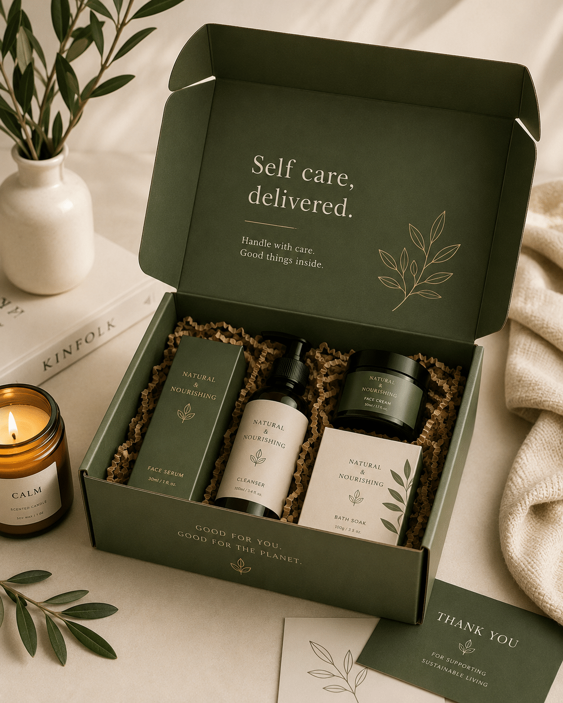Custom green printed mailer box filled with skincare and self-care products, kraft paper filler and branded cards for subscription packaging