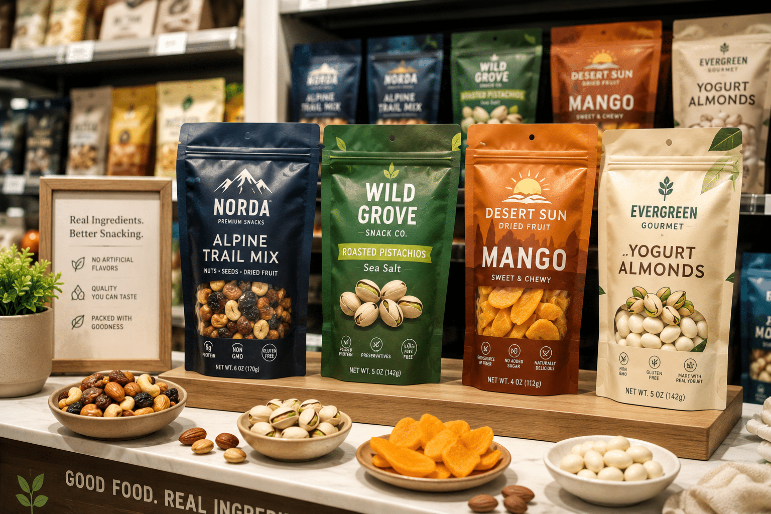Custom printed Mylar stand-up pouches for trail mix, pistachios, dried mango and yogurt-covered almonds