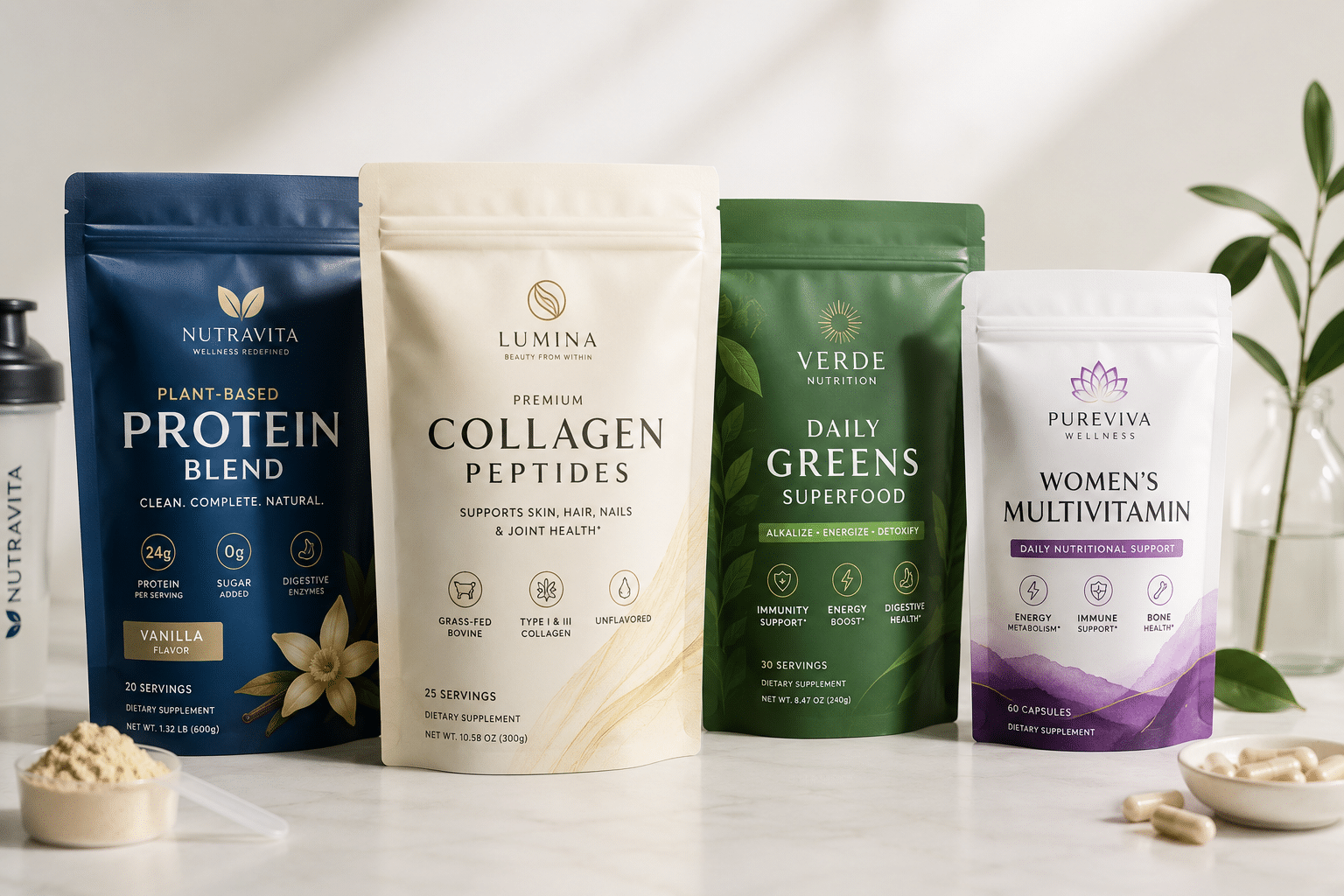 Custom Mylar stand-up pouches for protein powder, collagen peptides, superfood greens and vitamin supplements