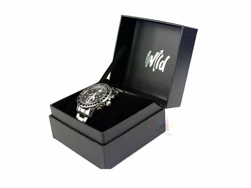 Black luxury rigid watch gift box with velvet insert, featuring premium wristwatch presentation for high-end brands and custom packaging manufacturing.