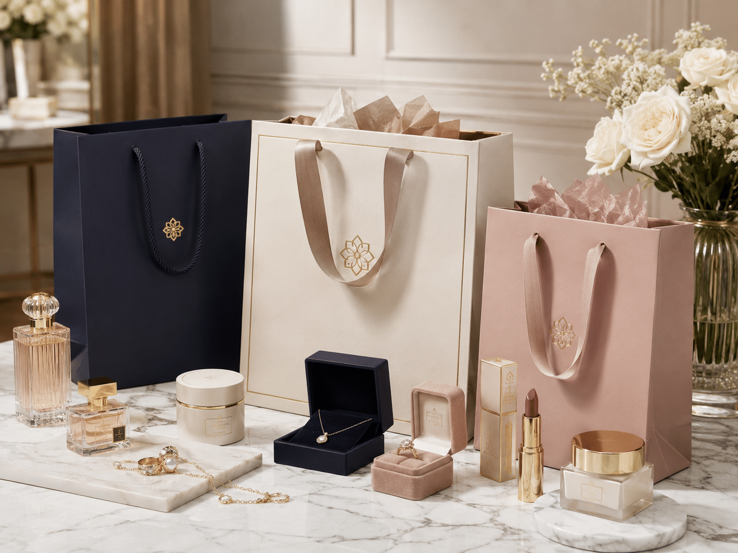 Luxury navy, cream and pink paper shopping bags with ribbon handles and gold foil logos for cosmetics, perfume and jewelry packaging