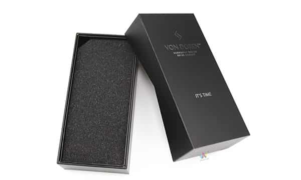 Black luxury sliding rigid watch box with EVA foam insert, premium custom packaging designed for high-end wristwatch protection and presentation.