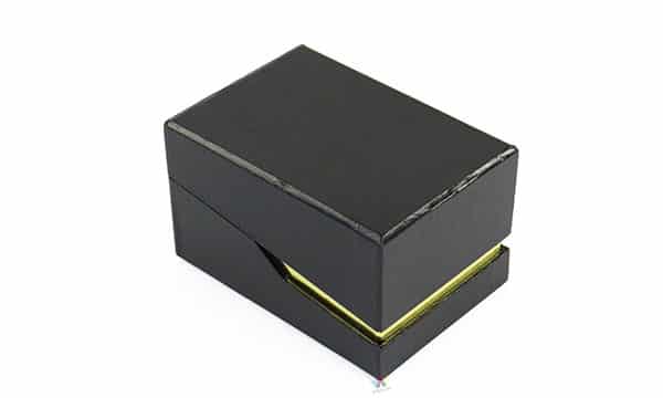 Black luxury magnetic closure watch gift box with gold trim detail, premium rigid packaging designed for high-end wristwatch presentation and protection.