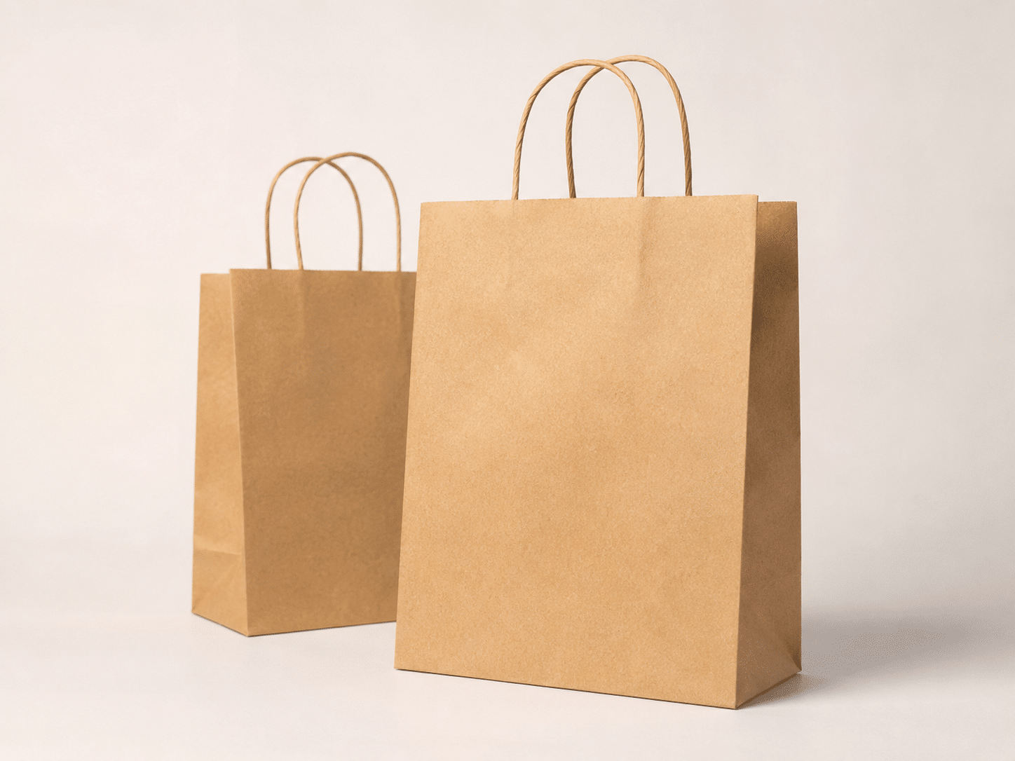 Natural kraft paper shopping bags with twisted paper handles for eco-friendly retail, takeaway and gift packaging