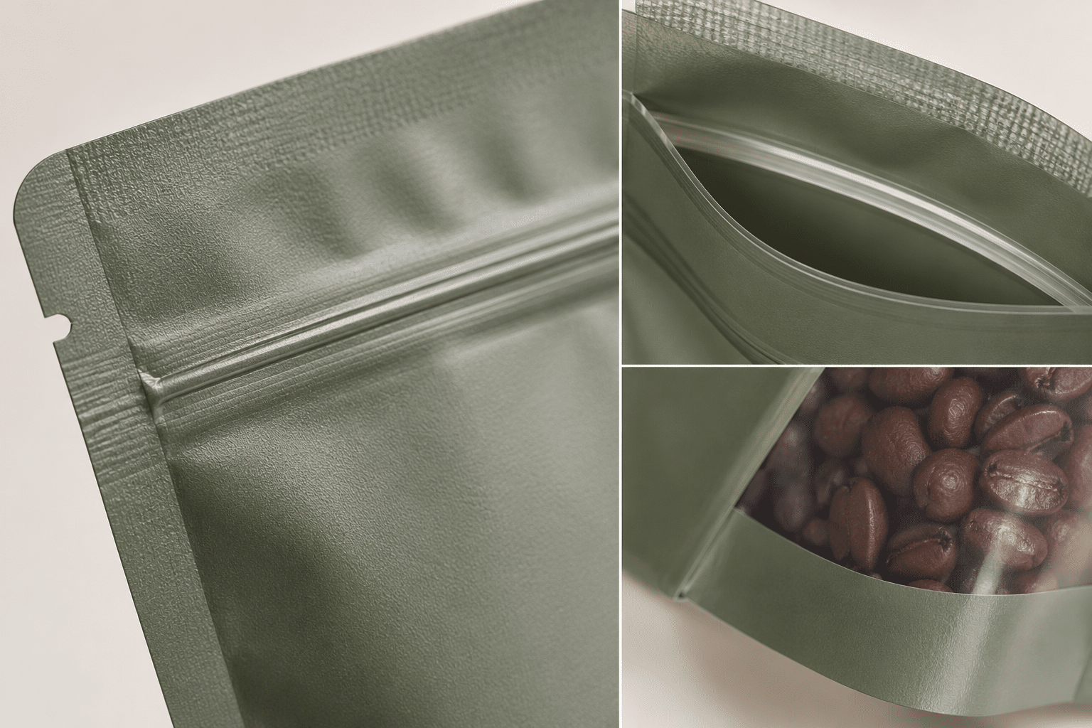 Close-up of a custom Mylar pouch showing the resealable zipper, heat-sealed edges and clear window for coffee beans