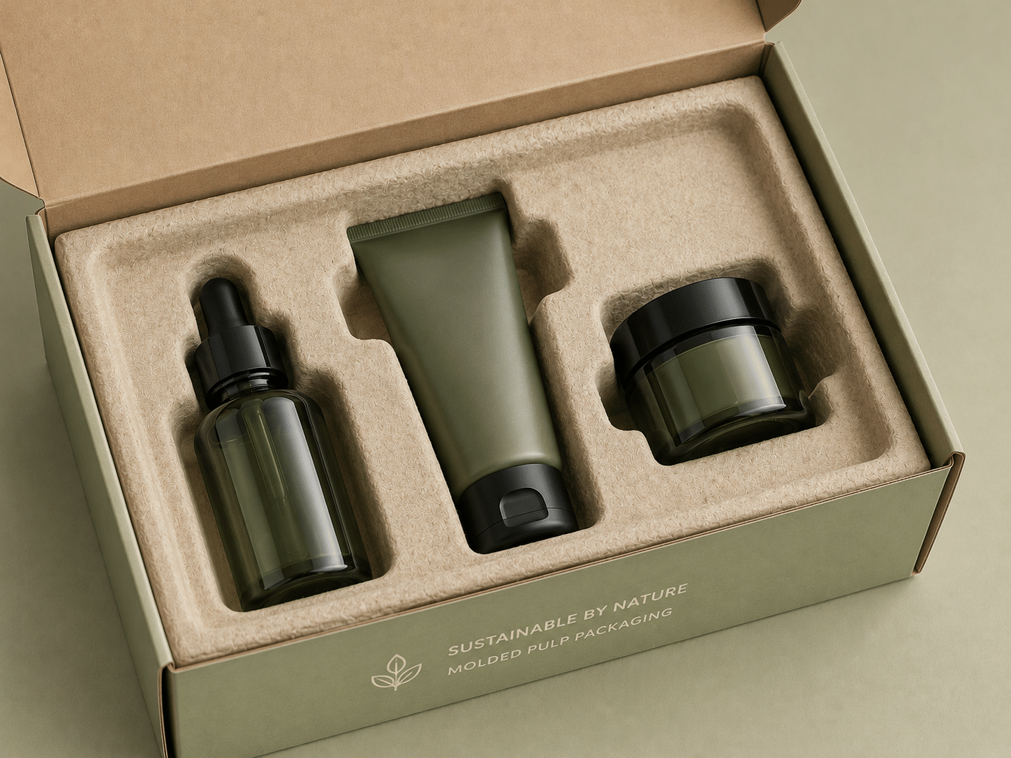 Custom green mailer box with recyclable molded pulp insert protecting skincare bottles, tubes and jars in sustainable cosmetic packaging