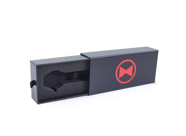 Black luxury sliding drawer watch box with EVA foam insert, custom rigid packaging designed for premium wristwatch protection and brand presentation.