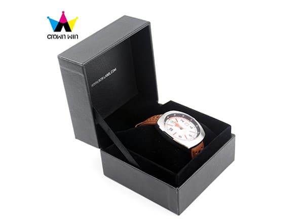 Black luxury rigid watch box with velvet insert, displaying premium wristwatch packaging for high-end brands with custom Crown Win manufacturing.