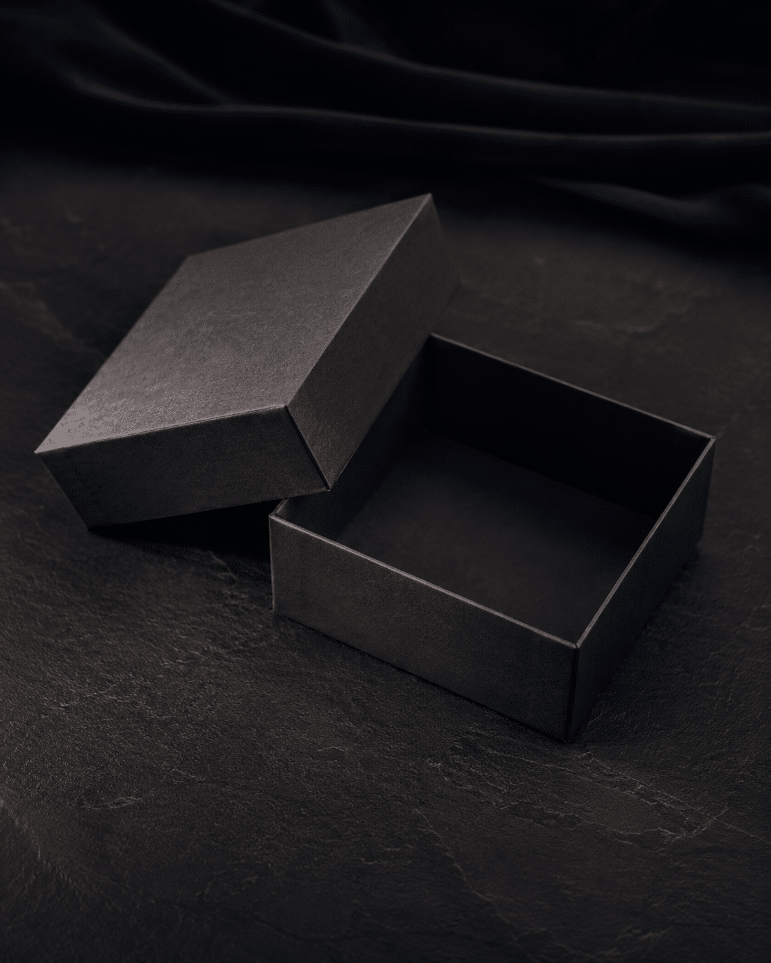 Open black two-piece lid and base rigid box for luxury gifts, cosmetics and retail products