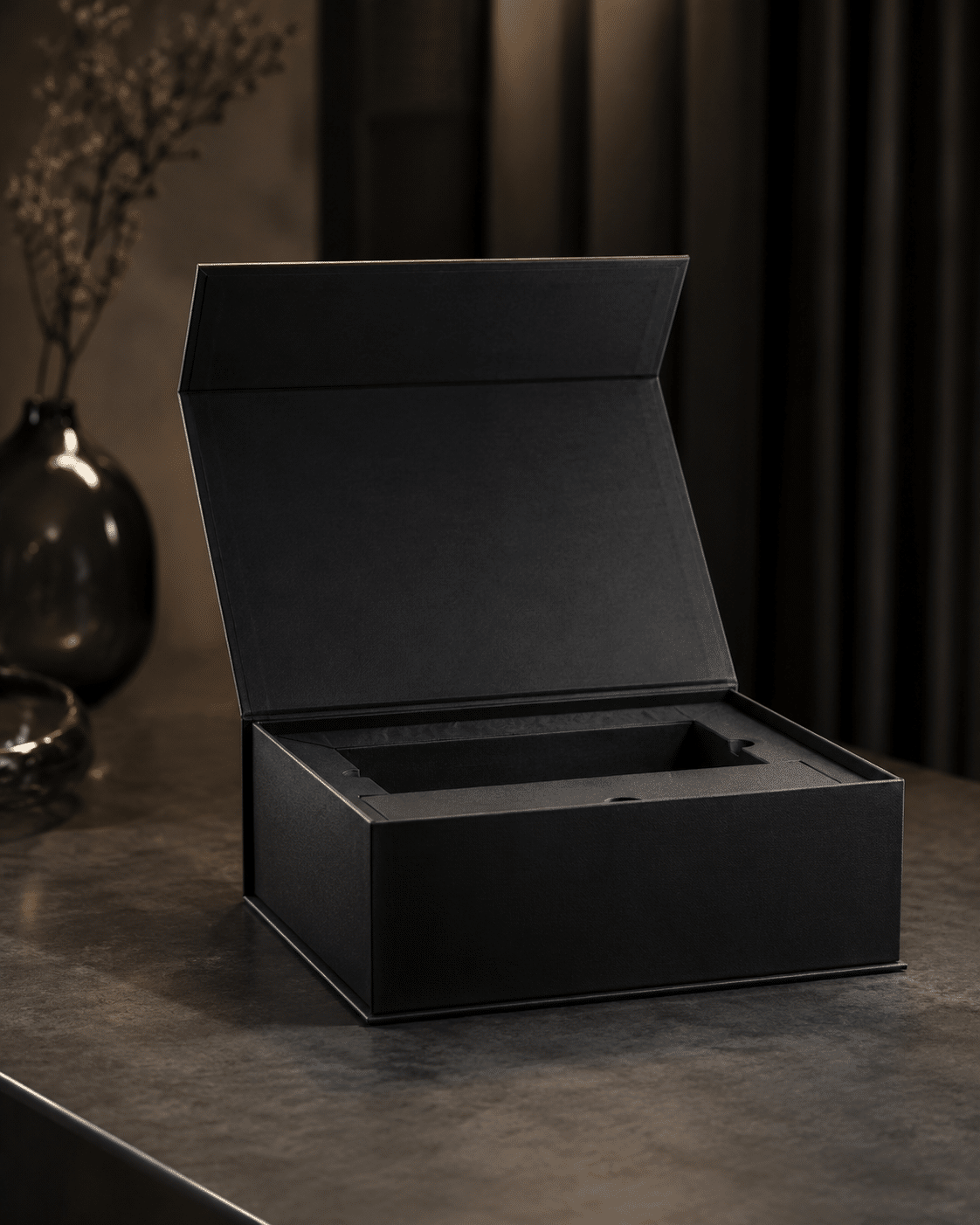 Luxury black magnetic rigid packaging box with custom protective insert and hinged lid