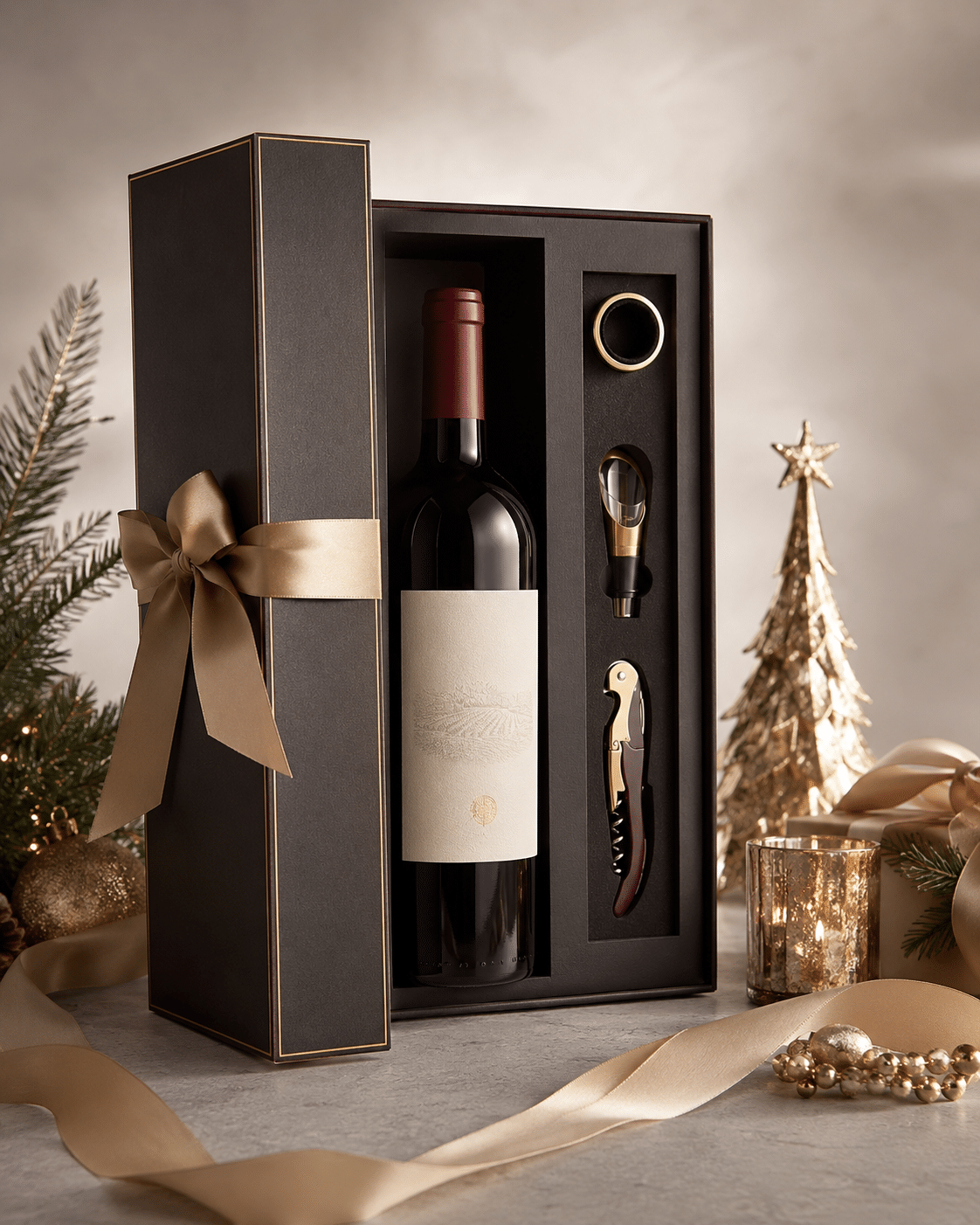Custom holiday wine gift box containing a wine bottle, bottle stopper, wine pourer and corkscrew with champagne satin ribbon decoration