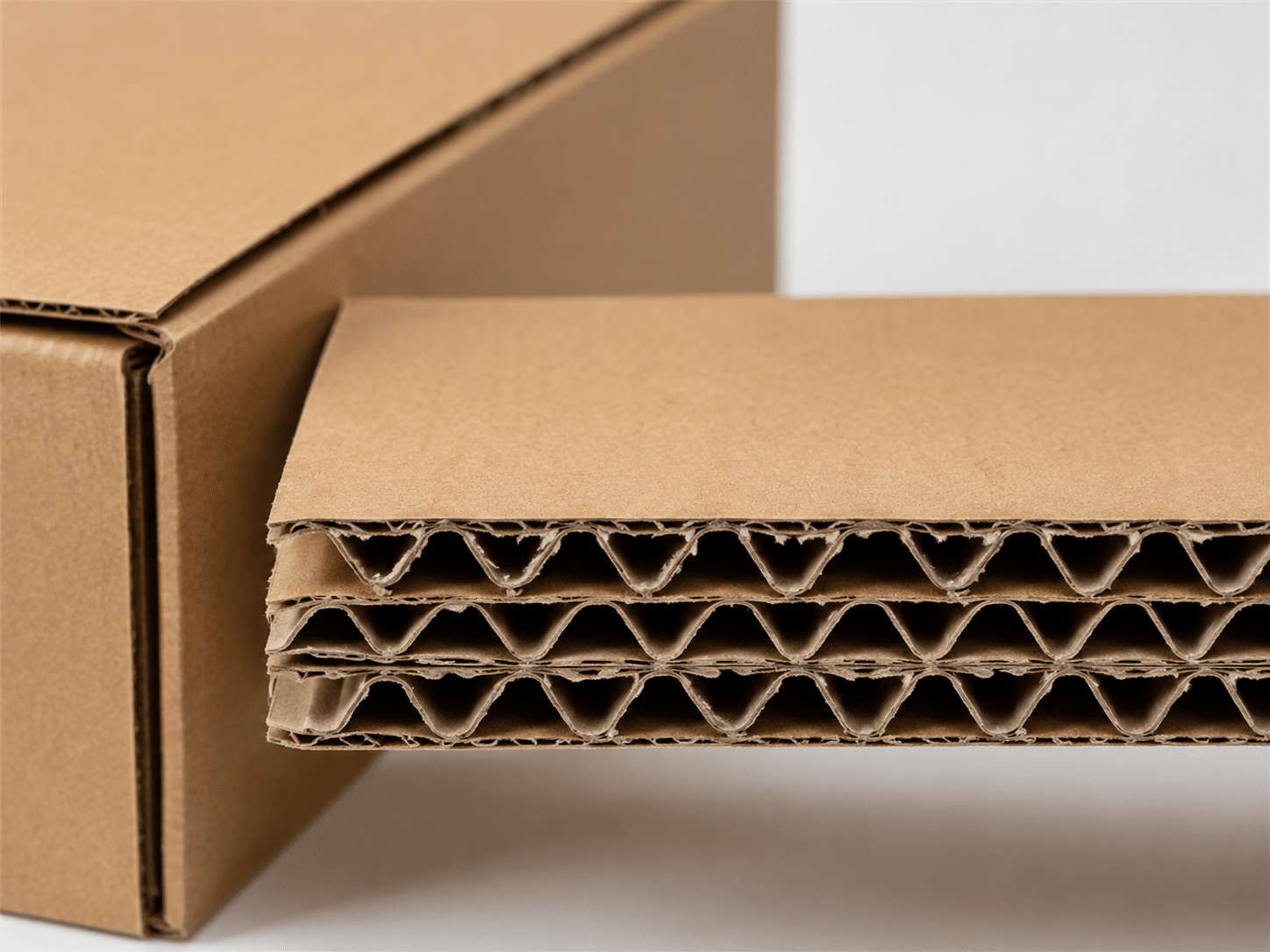 Close-up of multi-layer corrugated cardboard sheets used for protective shipping boxes and custom mailer packaging.
