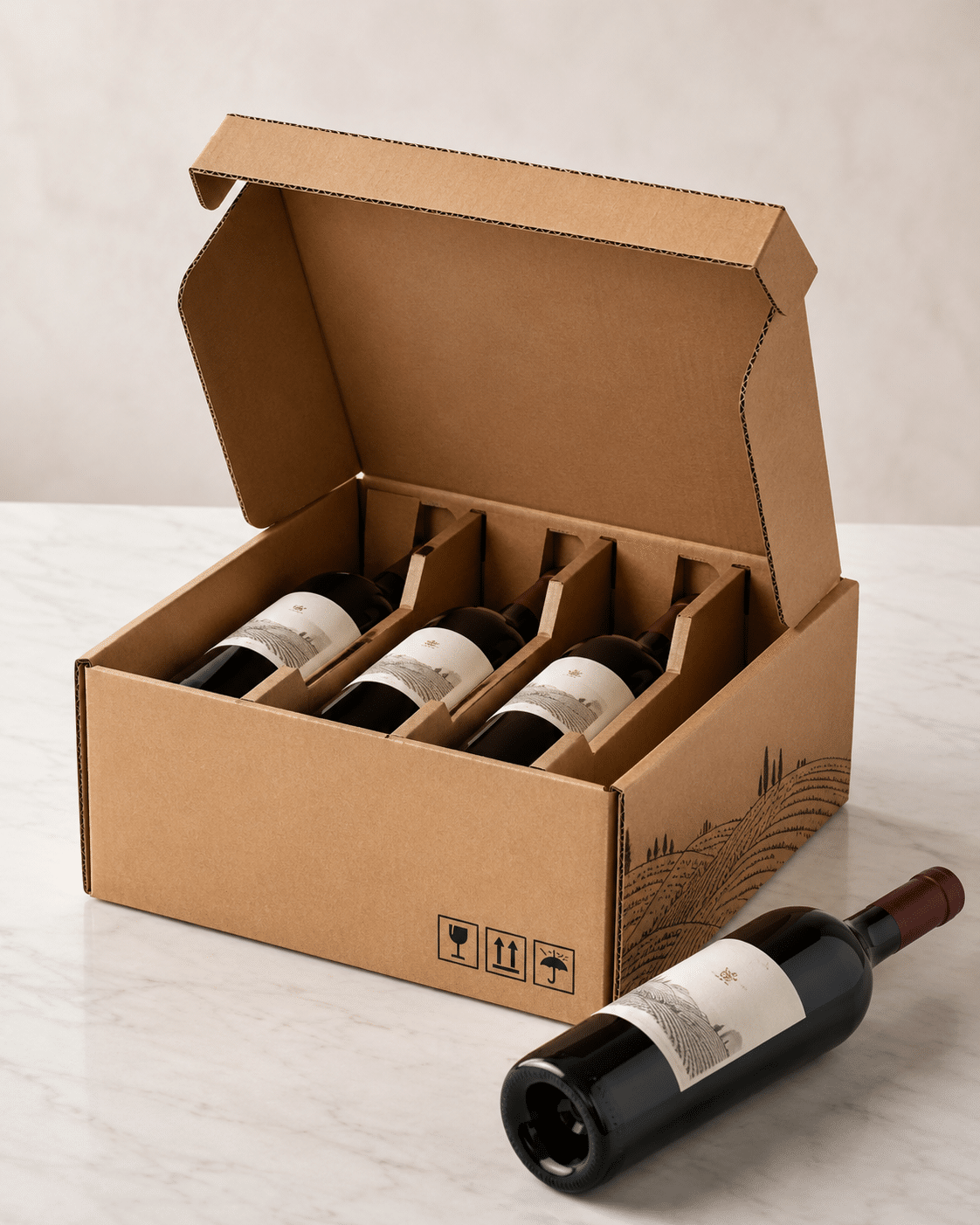 Kraft corrugated wine shipping box with protective cardboard dividers for three bottles and safe transportation