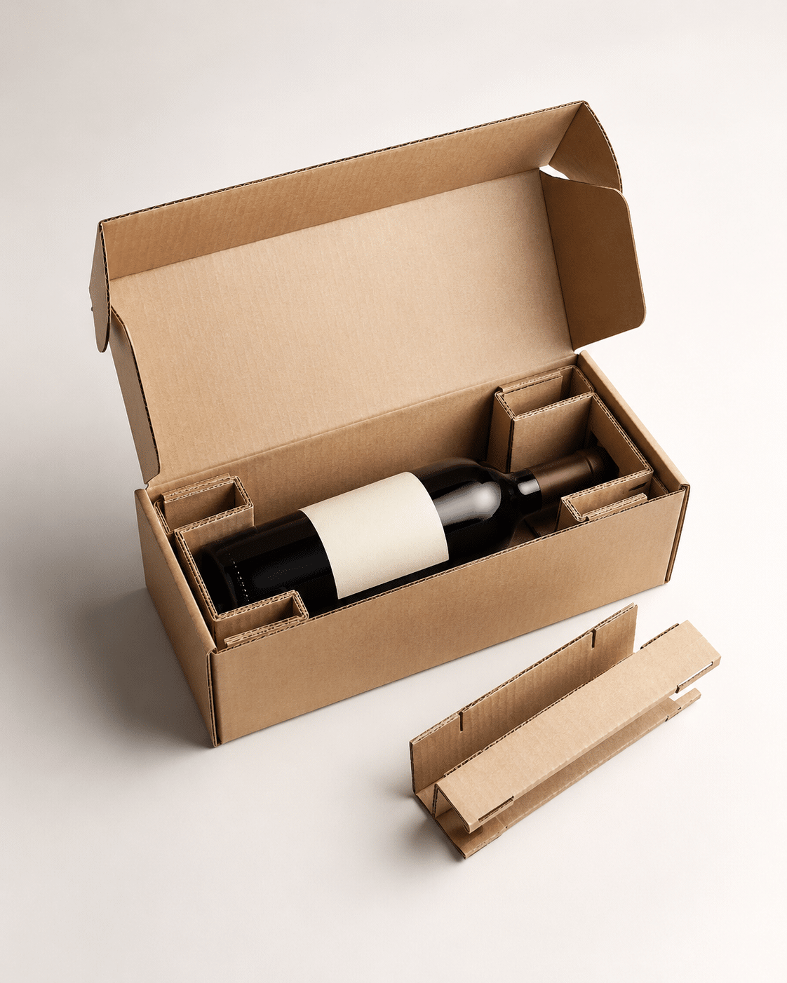 Kraft corrugated wine shipping box with custom cardboard corner inserts designed to protect a single bottle during delivery