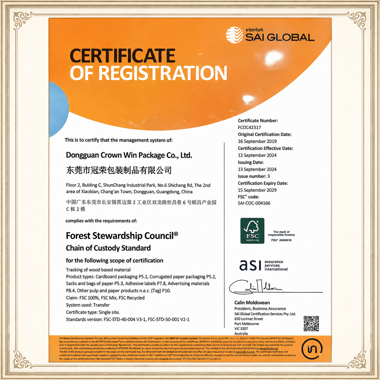 FSC Chain of Custody certificate for Dongguan Crown Win Package Co., Ltd., covering certified paper packaging and wood-based materials
