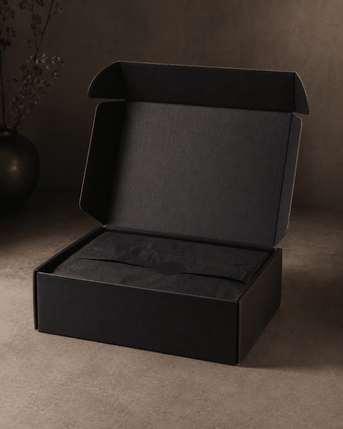 Open black corrugated mailer box with tissue paper for e-commerce and subscription packaging