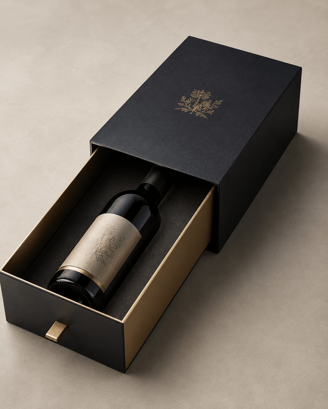 Premium black drawer-style wine gift box with gold side panels, pull tab and fitted insert for one wine bottle