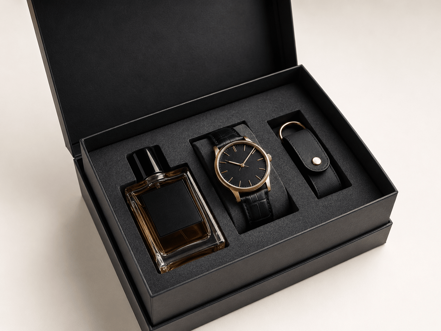 Open black rigid gift box with a precision-cut EVA foam insert holding a perfume bottle, wristwatch and leather accessory.