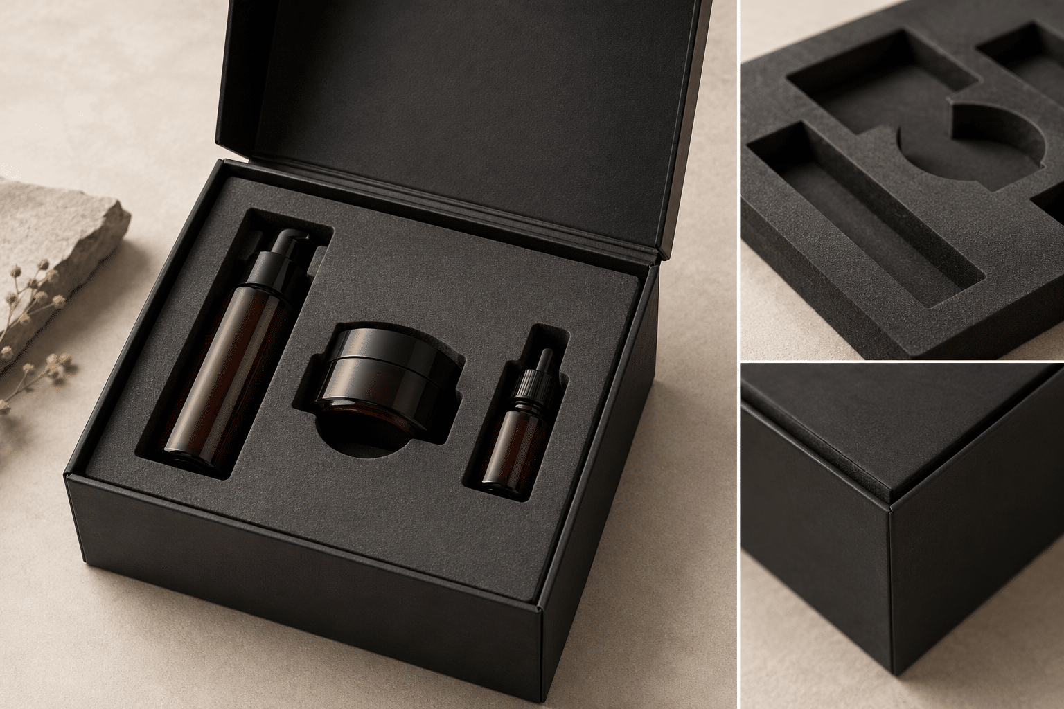 Black rigid skincare gift box with a precision-cut EVA foam insert holding cosmetic bottles and a cream jar, with insert detail views.