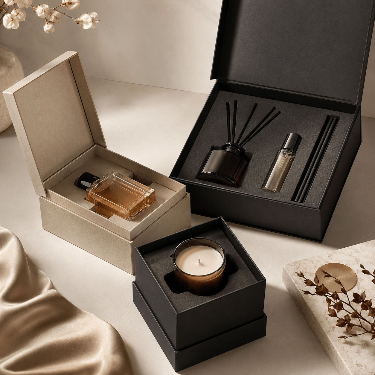 Collection of luxury fragrance, candle and reed diffuser packaging boxes with custom protective inserts and premium presentation.