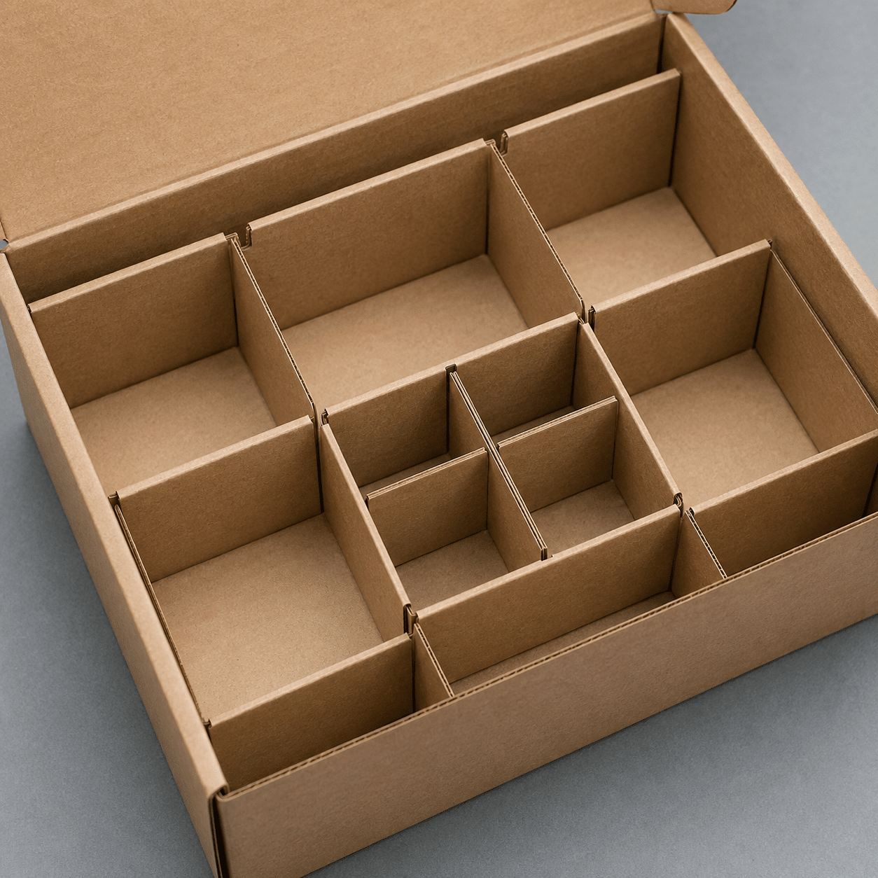 Kraft paper gift box with a custom paperboard divider insert creating multiple compartments for organized product packaging.