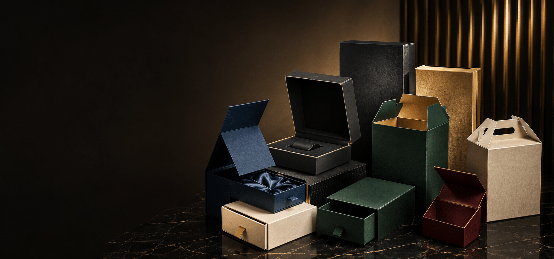 Collection of custom luxury packaging box styles including rigid boxes, drawer boxes, folding cartons and gift boxes