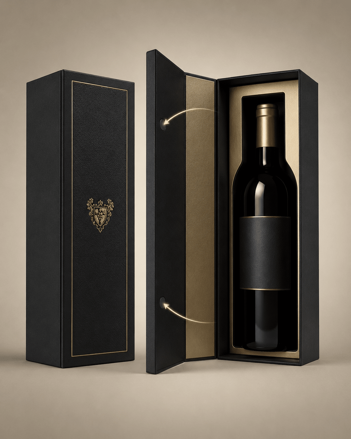 Luxury black magnetic closure wine packaging box with gold interior lining, fitted bottle insert and foil-stamped crest