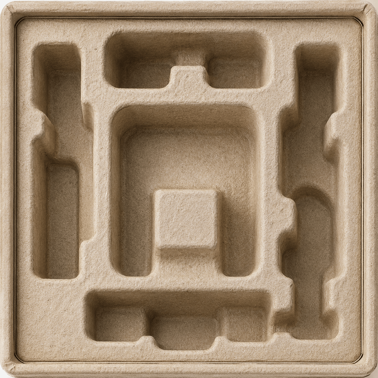 Natural molded pulp packaging insert with custom-shaped compartments designed to protect multiple products during shipping.