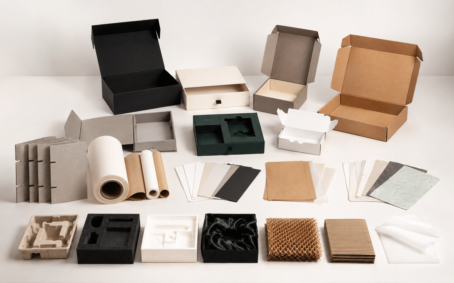 Overview of custom packaging box materials, specialty papers, rigid box styles, EVA foam, molded pulp, honeycomb board and protective inserts.