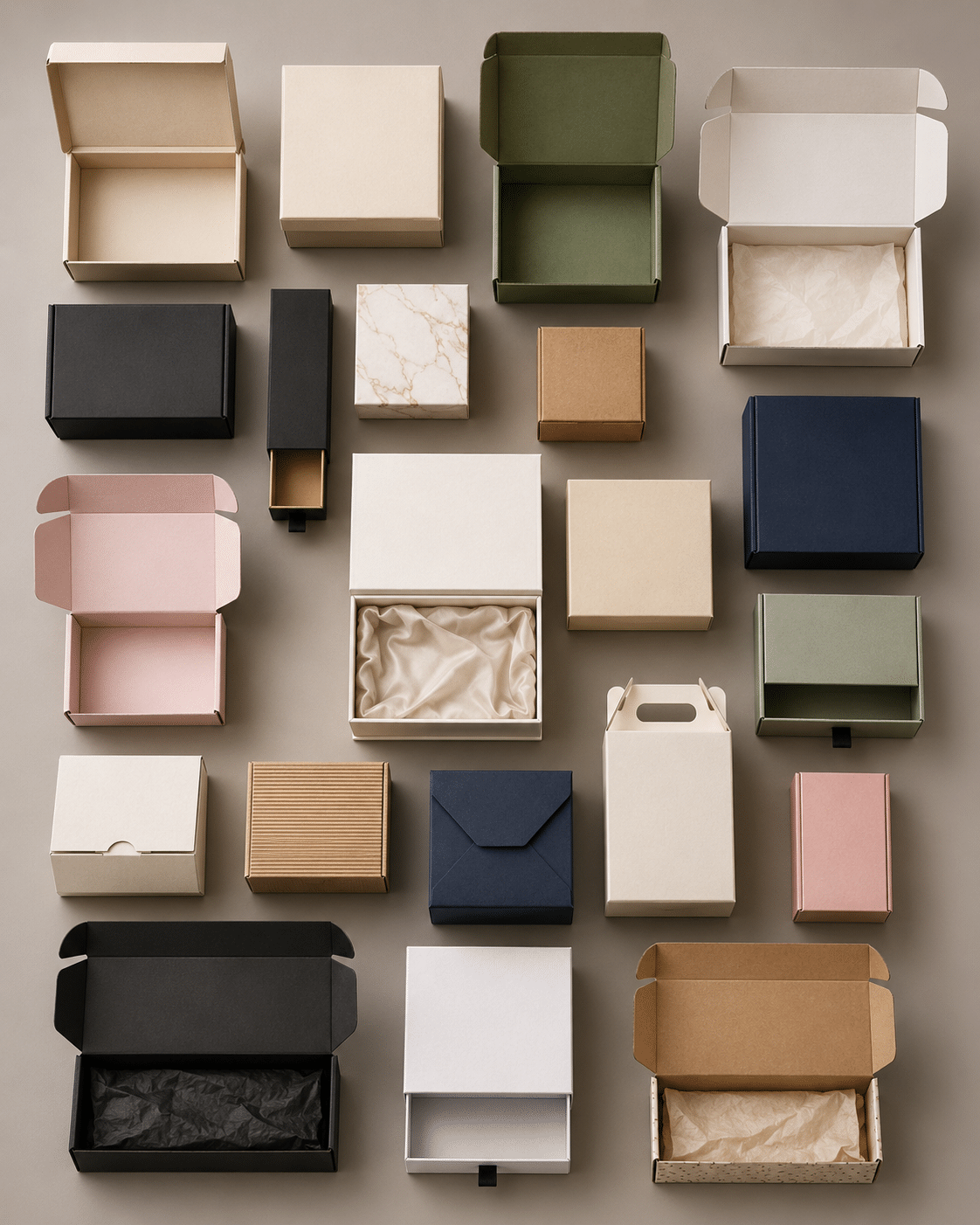 Top view of custom packaging box types in different sizes, colors and structures for retail products